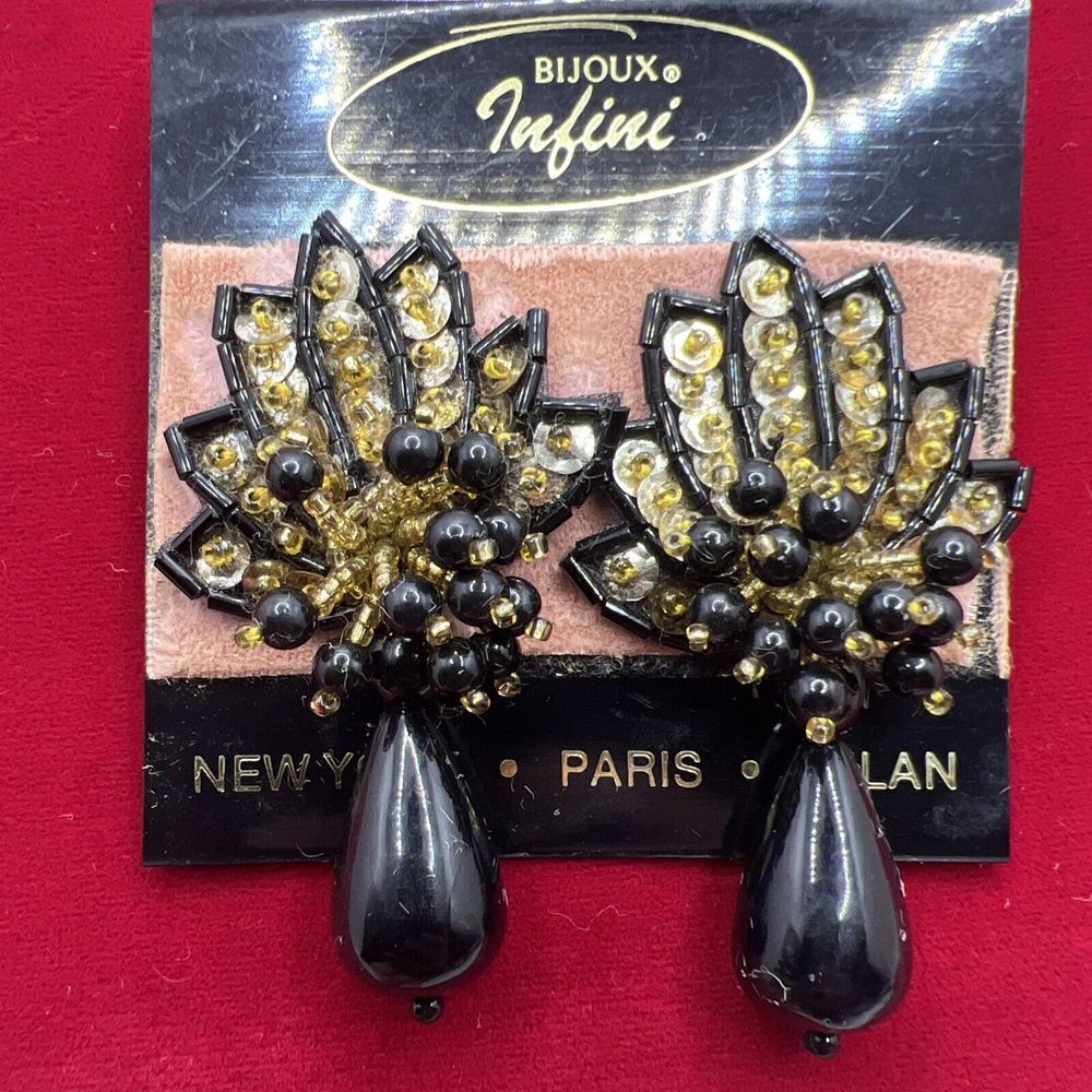 Vintage Bijoux Infini Clip On Earrings‎ Black Beads With Gold Tone Rhinestone